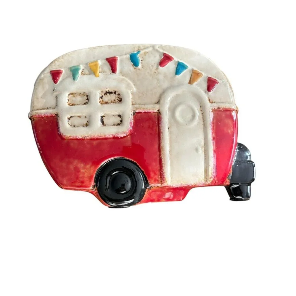 Ceramic Card Mail Holder Trailer Camper‎ Red White Quirky Whimsical Fun Decor